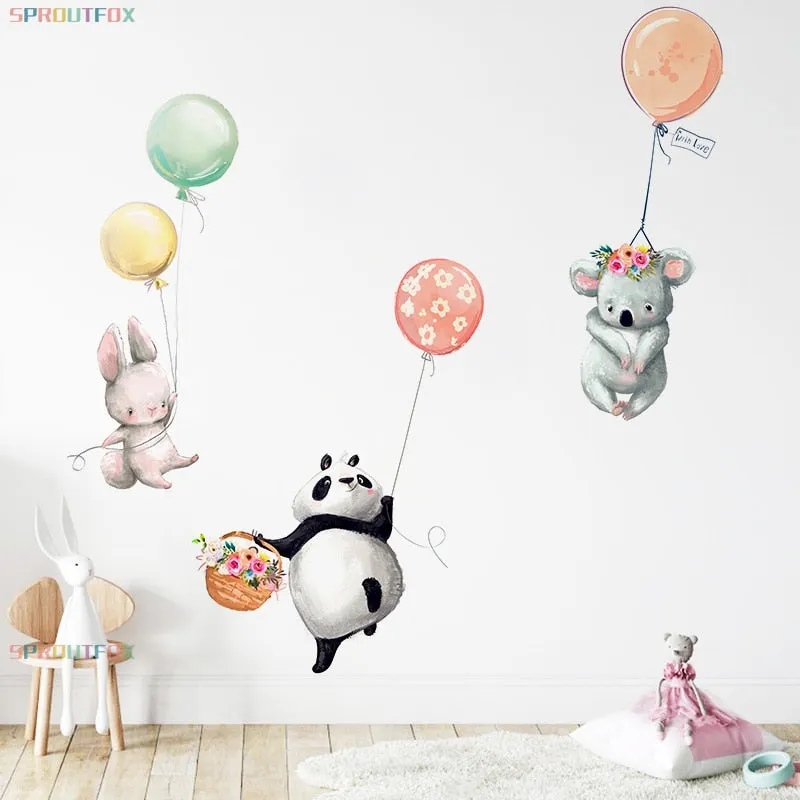 Cute Animal Panda Rabbit Koala with Ballon Bedroom Wall Stickers for Kids Rooms Nursery Home Decoration Kawaii Wall Decals