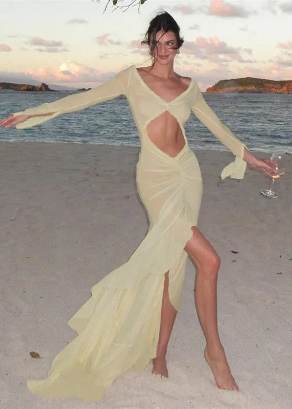 Women Apricot V Neck Sheer Hollow Out Maxi Dress Long Sleeve