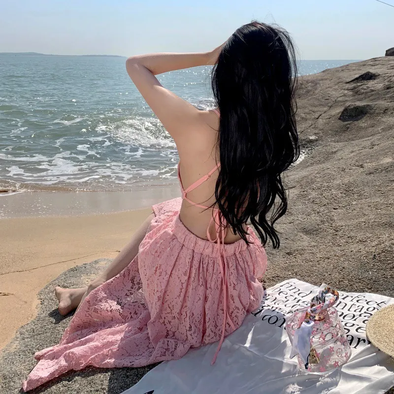 Churchf Churchf First Love Foreign Gas Lace Hollow Out Sexy Big Dew Back Deep Collar Long Money Big Place Dress Sanya Seaside Vacation