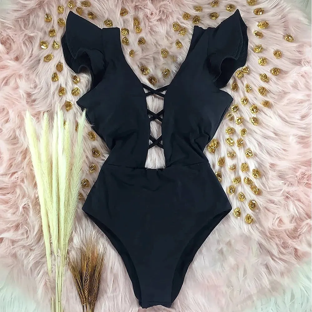2022 New Sexy Ruffle Print Floral One Piece Swimsuit Off The Shoulder Swimwear Women Solid Deep-V Beachwear Bathing Suit Monkini