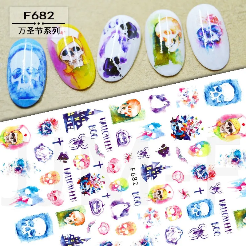 Halloween Nail Art Sticker Ghost Witch Spider Web Pumpkin Nail Decals Sexy Skull Bone Water Transfer Decals Nails Foil Manicure-Nail Inspo