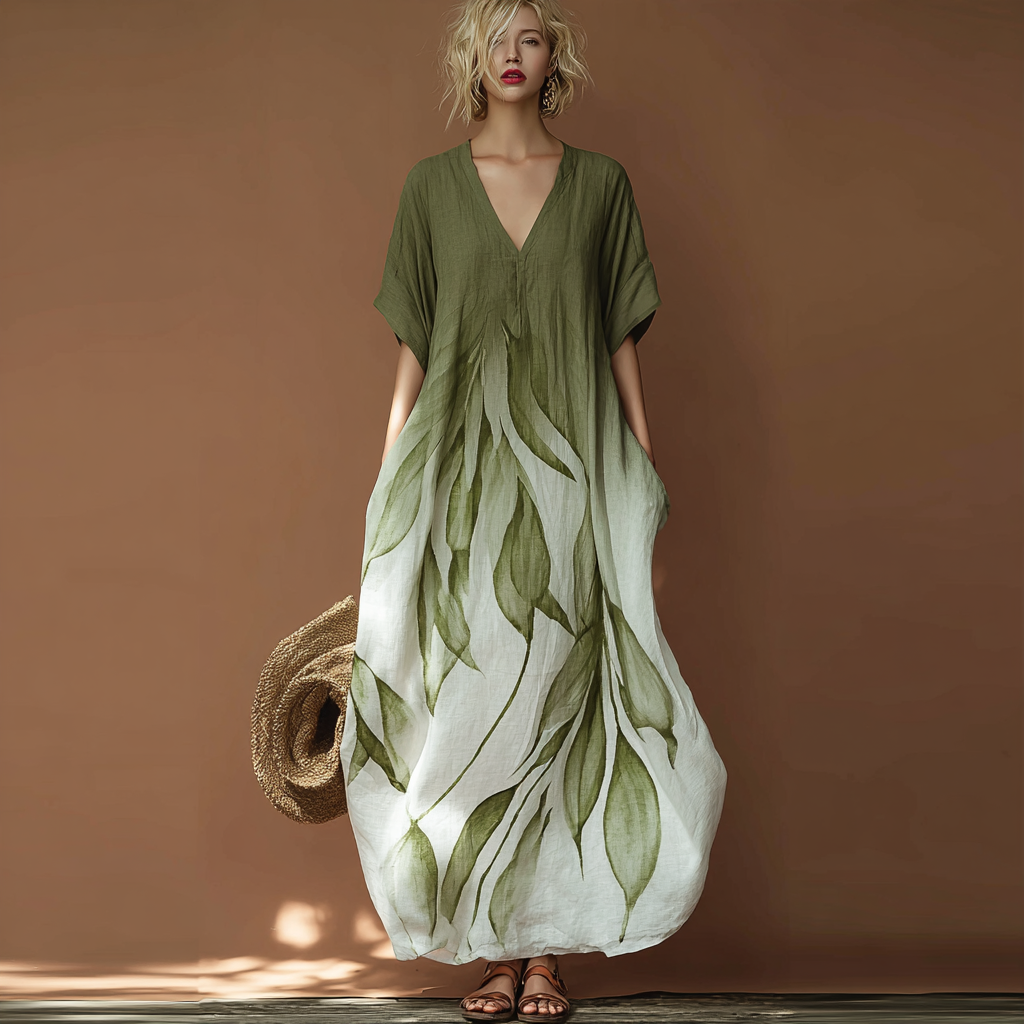 Plant Pattern Design Casual Linen Dress elevenforest