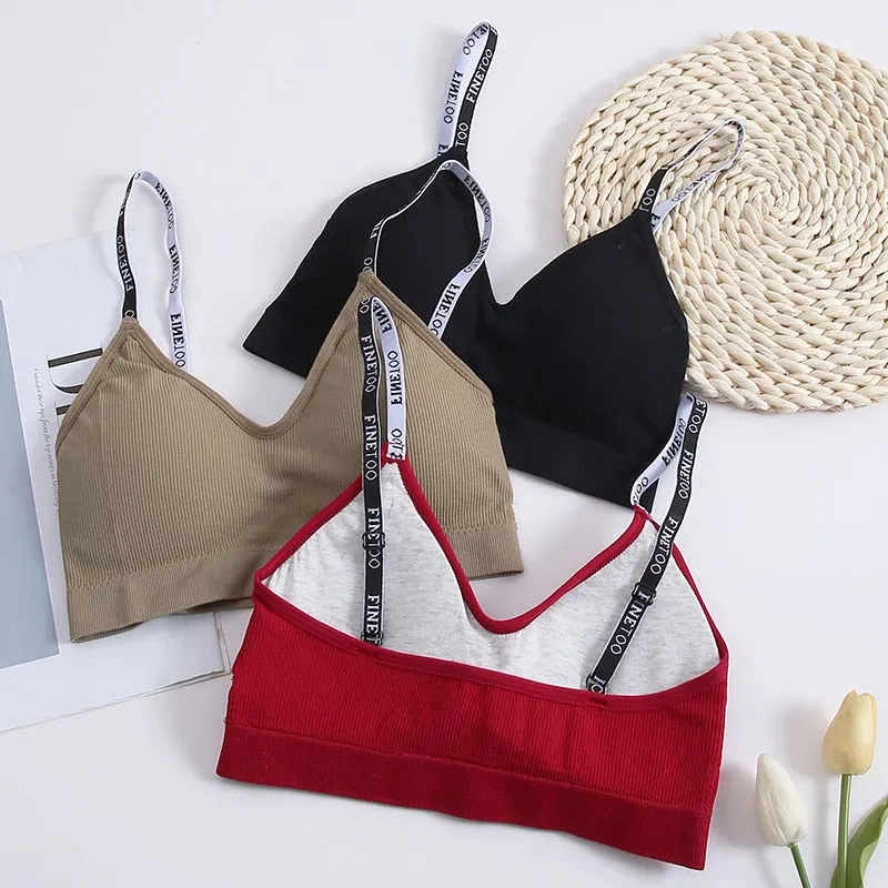 FINETOO Women Seamless Gathering Bralette Push Up Bra Sexy Girls Letter Strap Bralette Wireless Brassiere Female Intimates M-2XL