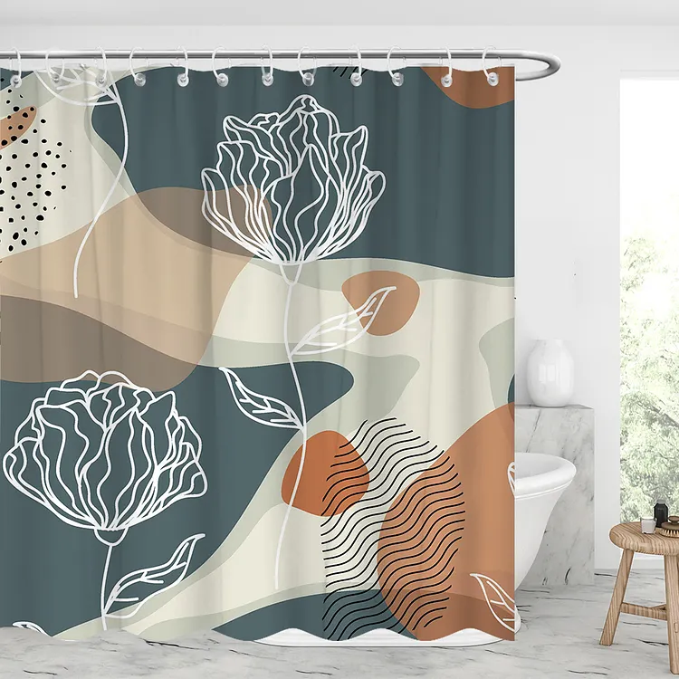 Abstract Flower Art Waterproof Shower Curtains With 12 Hooks
