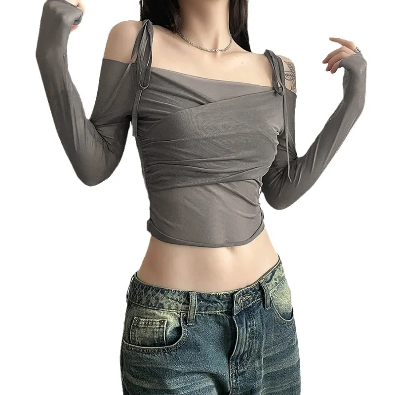 Churchf 2023 Summer New Women's Fashion Pure Color Slings Sexy Bare Back Repair Umbilly Long-Sleeved Vest