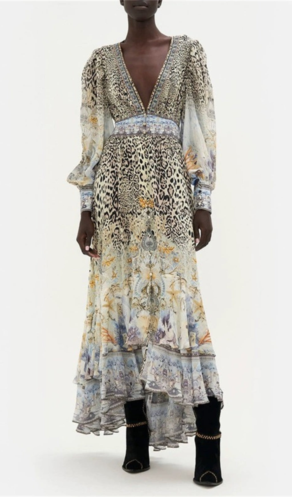 Long Sleeve Deep V-Neck Leopard Pattern Wrapped Waist Maxi Dress Flowering Girl