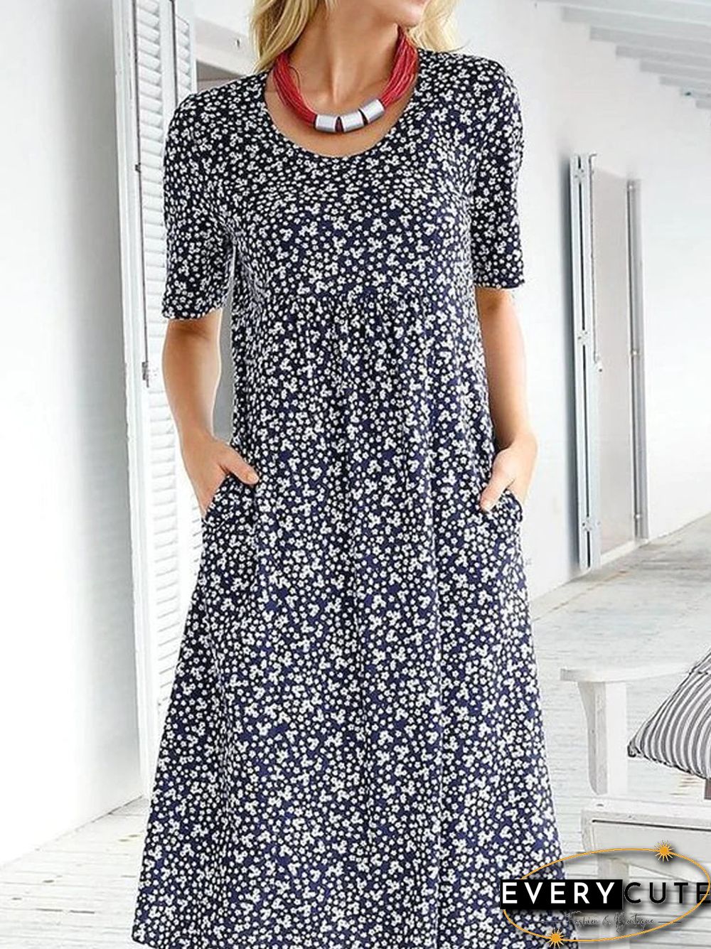 Casual Floral Print Short Sleeves Pockets Midi Dress