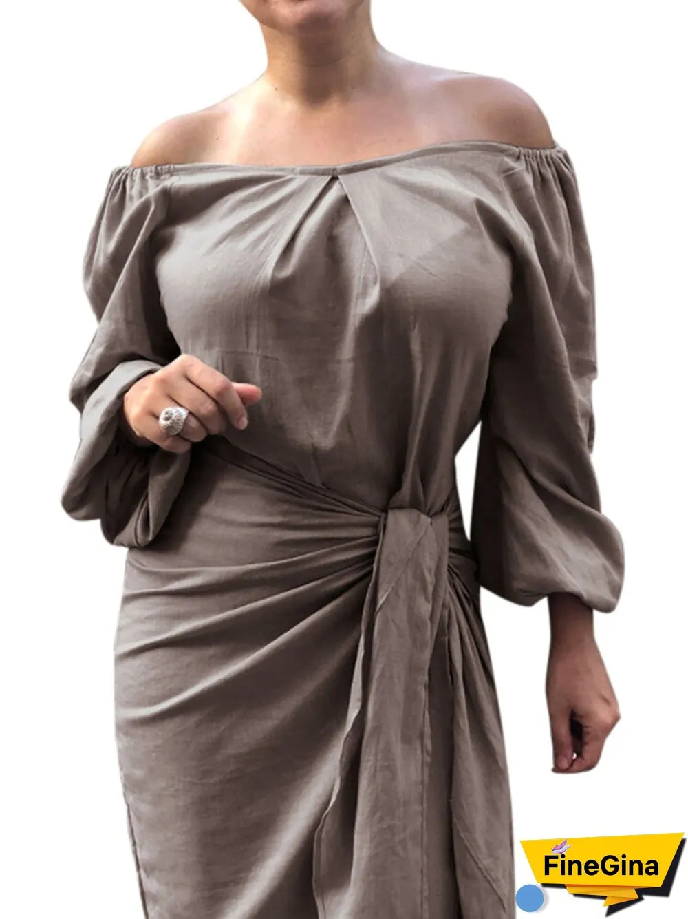 Solid Color Knotted Lantern Long Sleeve Casual Dress for Women