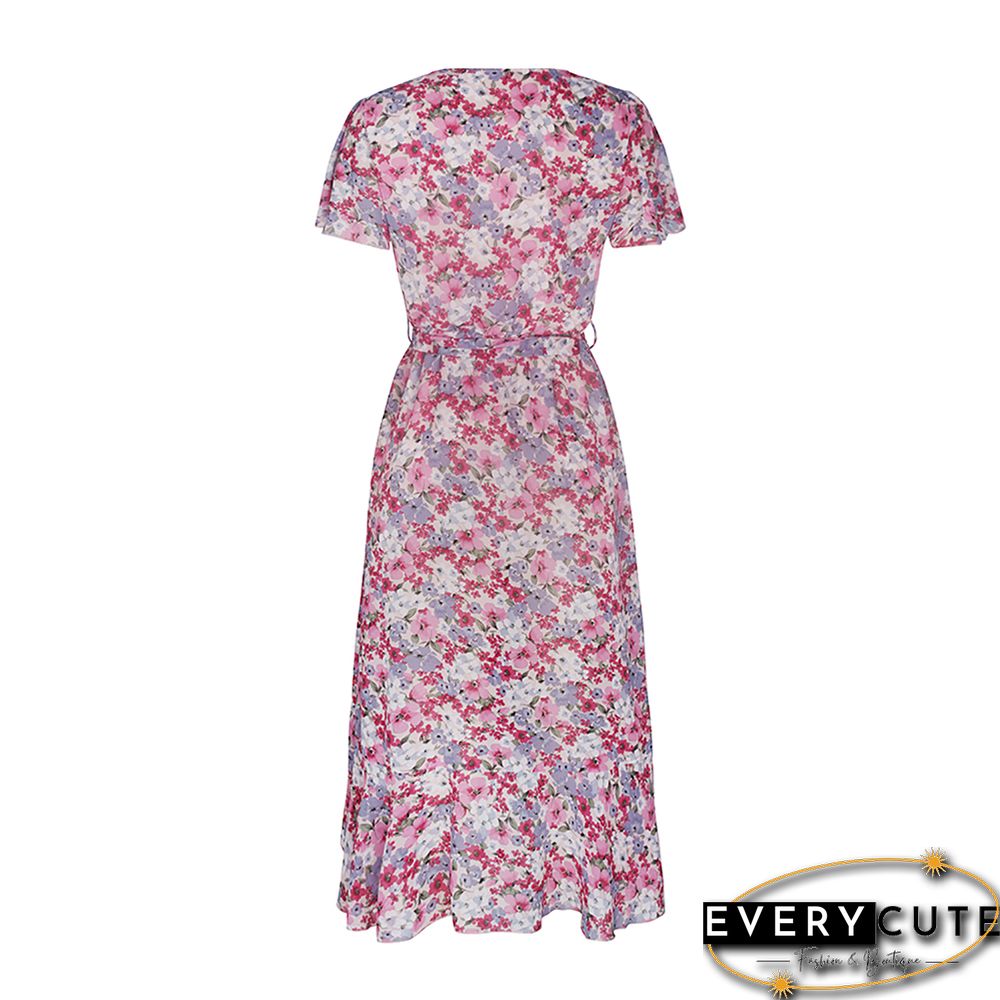 Pink Tie Waist Short Sleeve High Low Floral Dress