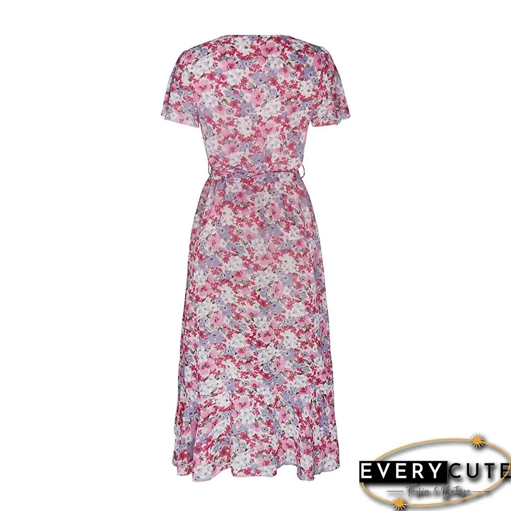 Pink Tie Waist Short Sleeve High Low Floral Dress