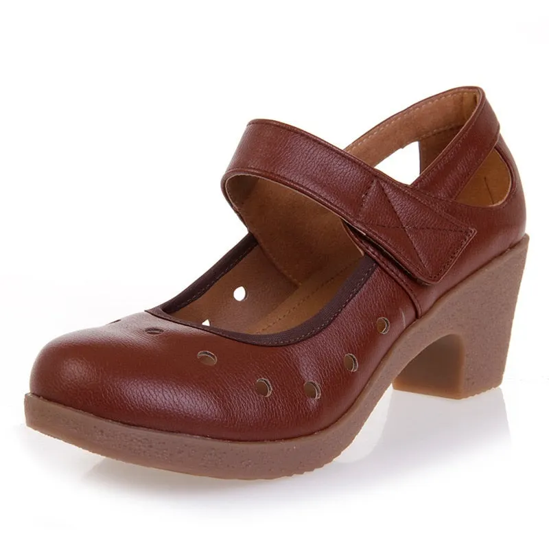 GKTINOO 2022 Cut Out Women Pumps Breathable Women Shoes Hook&Loop Thick High Heels Soft Mary Janes Dancing Shoes Leather