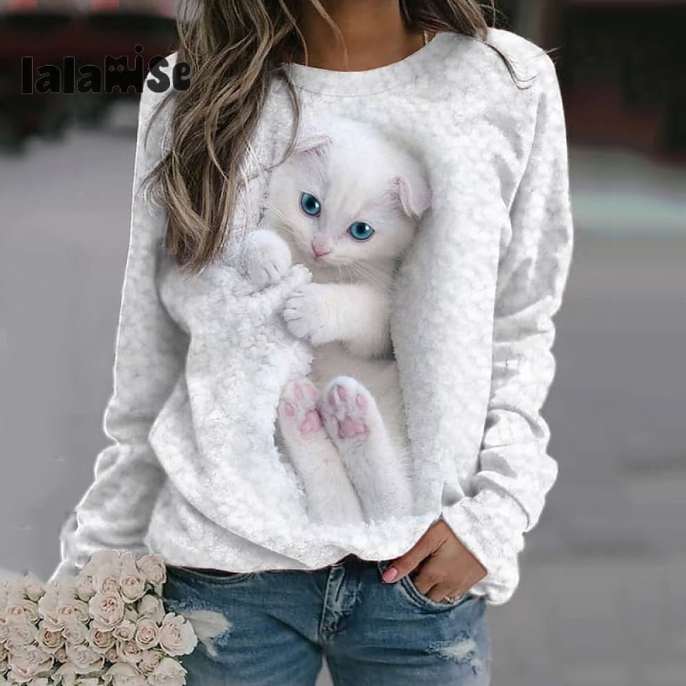 Cat Print Round Neck Casual Sweatshirt White / S Cute - Cats