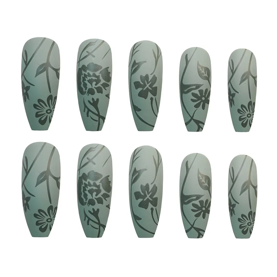 European Fake Nails Green Pear and Green Petals Extra Long Fake Nail Stickers Full Cover Coffin Press On Nail Tips With Glue-Nail Inspo