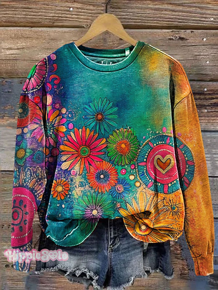 Vintage Floral Colorful Art Print Casual Sweatshirt Multicolor / S
