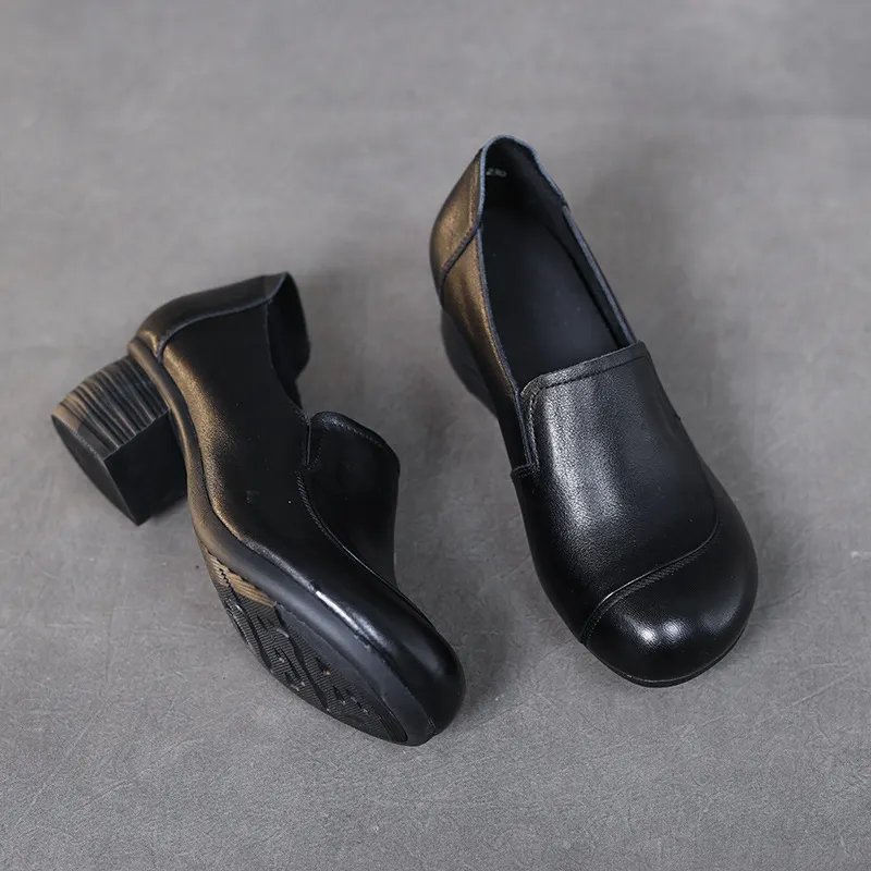 Yyvonne Coarse Leather Single Shoe Set National Breeze Layer Cow Skin Mother Shoes Heel Round Head Black Working Shoes Woman