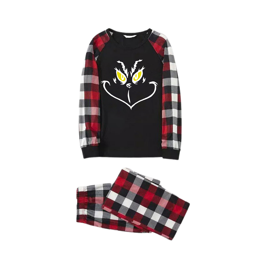 Christmas Cartoon Face Prints Red & Black & Grey & White Plaid Family Matching Pajamas