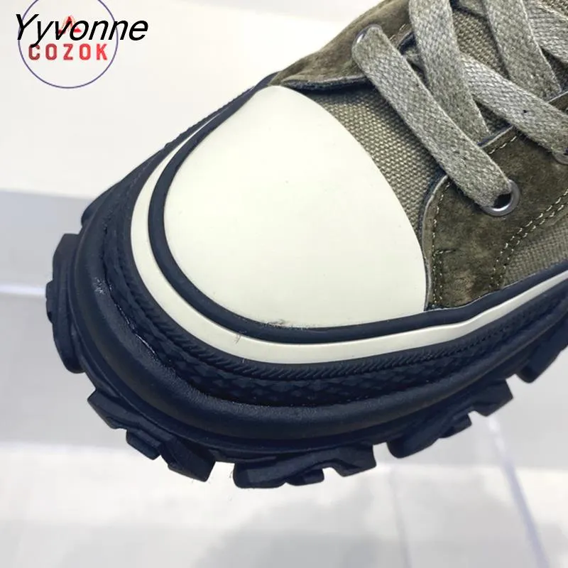 Yyvonne Women Boots Canvas Round Toe Mid Heel Boots for Woman Fashion Platform Lace Up Shoes  Women's Combat BootsBotas Mujer Size 35-40