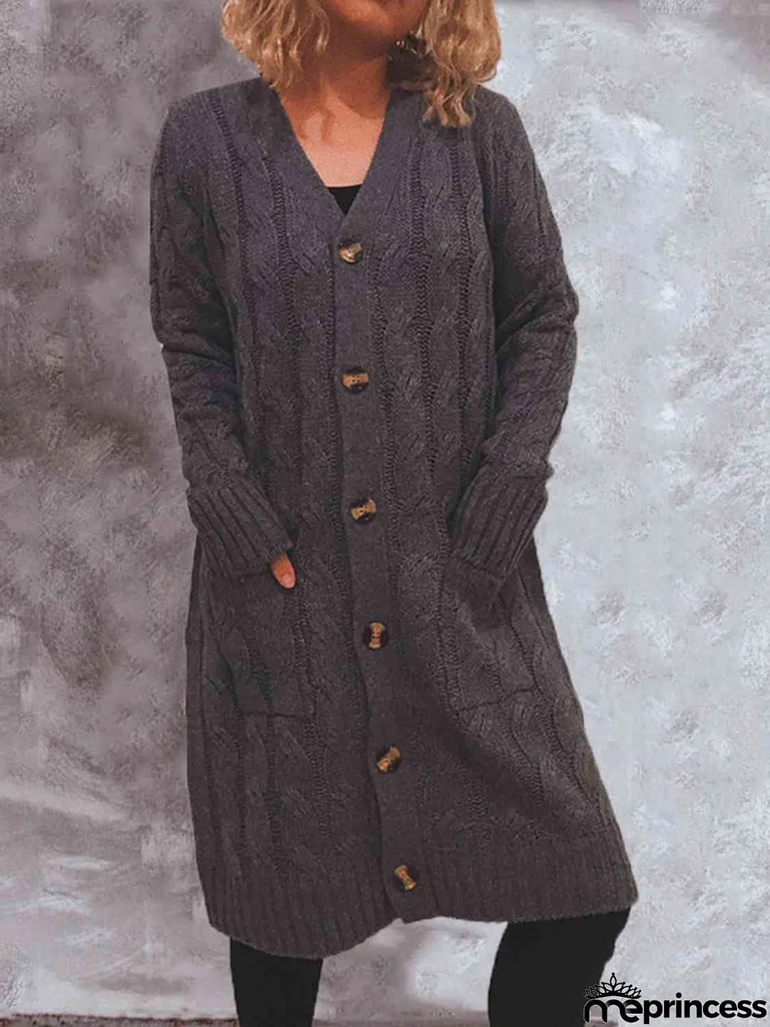 Button Up Cable-Knit Cardigan with Pockets