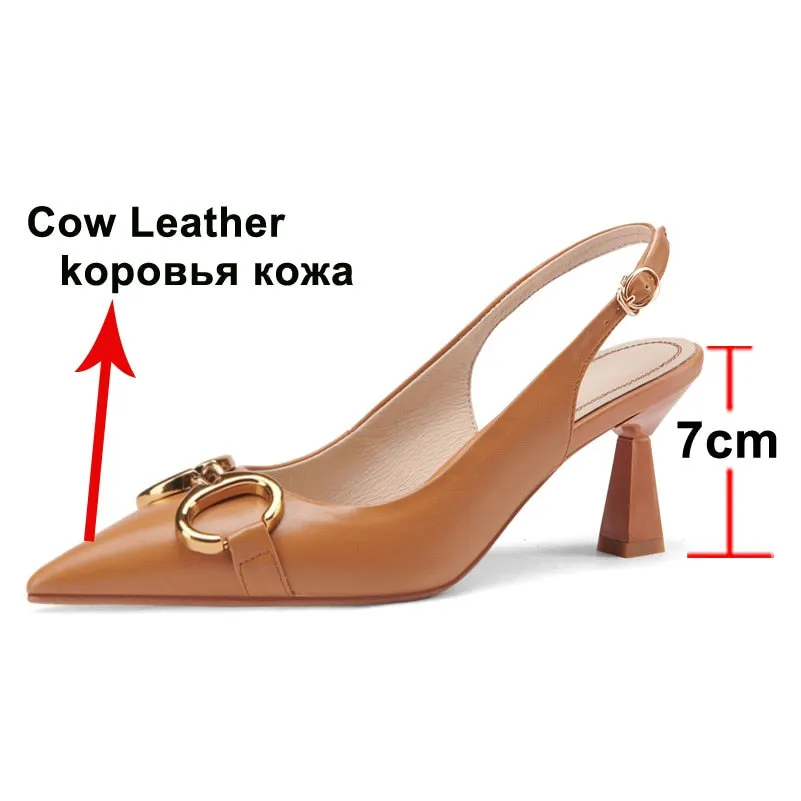 Meotina Women Shoes  Genuine Leather Stiletto Heel Shoes Chain Slingback Shoes Pointed Toe High Heels Summer Spring White 40 41