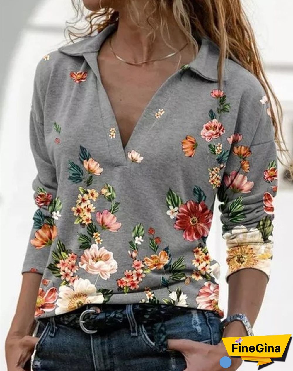 Spring Casual Floral Printed Tops Women Fashion Stand Collar Long Sleeve Shirt Pullover Slim Fit Blouses Size S-2XL