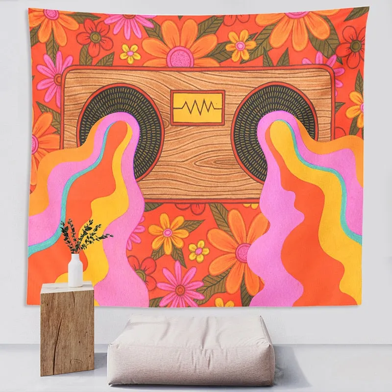 Vintage Rainbow Tapestry Wall Hanging Colorful flowers Retro Trippy Room Decor H Home Living Room Rainbow Boho Wall Art Decor