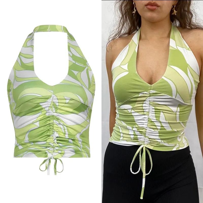 HEYounGIRL Summer Print Sleeveless Backless Tank Top Women V Neck Sexy Halter Crop Tops Tees Vintage Fashion Camisole Streetwear