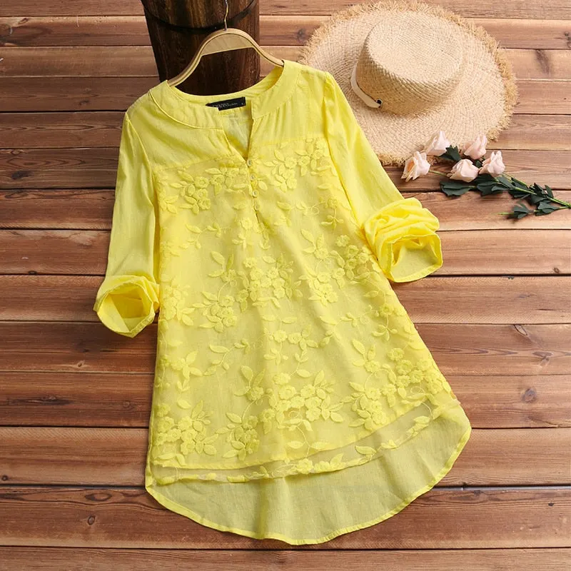 2022 ZANZEA Cotton Linen Tops Women Blouse Elegant V Neck Long Sleeve Shirt Casual Autumn Lace Shirts Vintage Embroidery Blusas