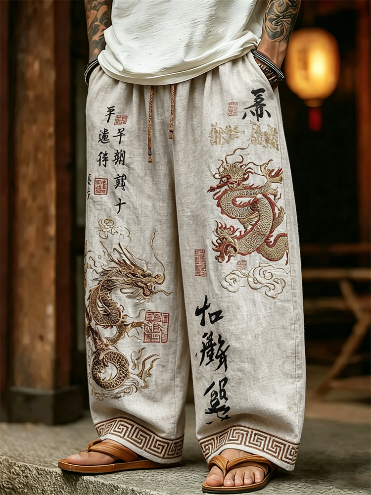 Men's Japanese Dragons Calligraphy Art Linen Pants elevenforest