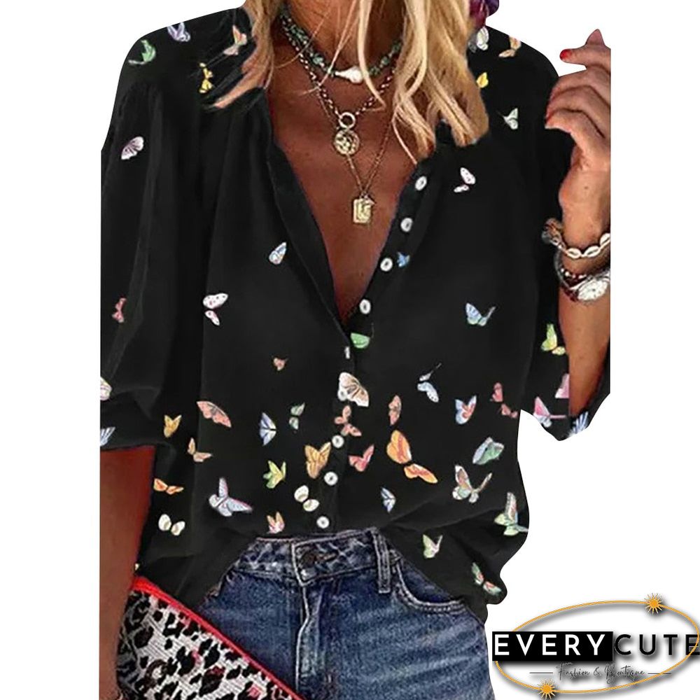 Summer Sexy T-Shirt Butterfly Print Half Sleeve Shirt Women Casual Button Shirt Fashion Loose T-Shirt Office Ladies Tops D30