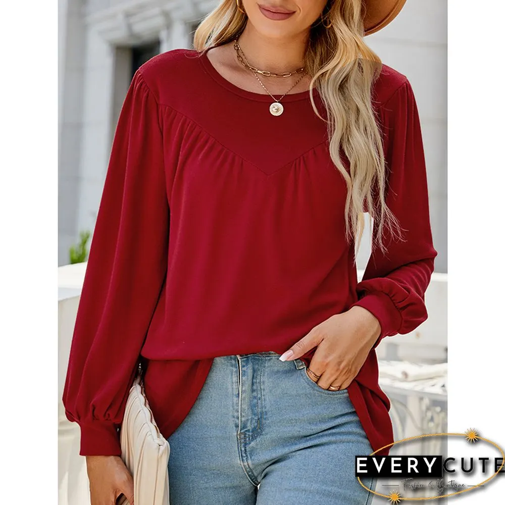 Red Crew Neck Pleated Puff Sleeve Tops