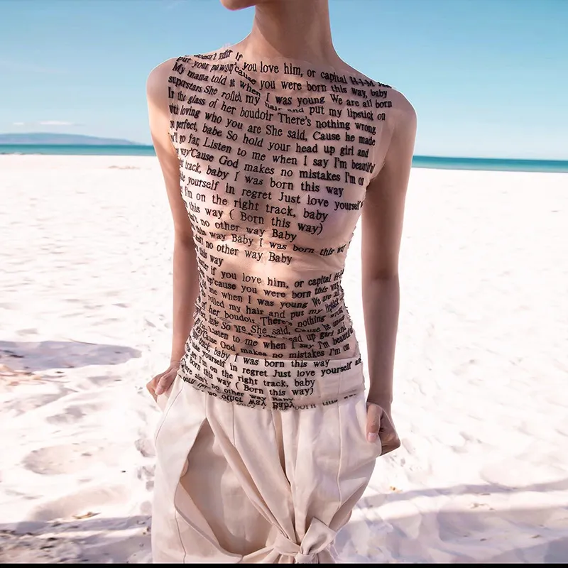 Churchf 2024Ins Spring And Summer New Fashion Print Collar Sleeveless Slim Top T-Shirt Women's Clothing