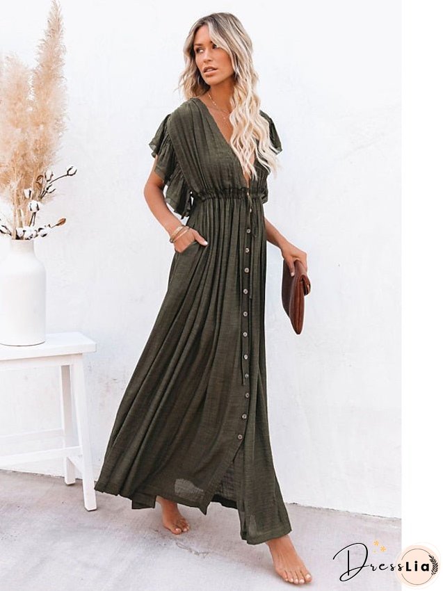 Swing Dress Maxi long Dress Green Orange Rust Red White Black Backless Short Sleeve Solid Color Summer Spring V Neck Boho Beach Loose One-Size for Women