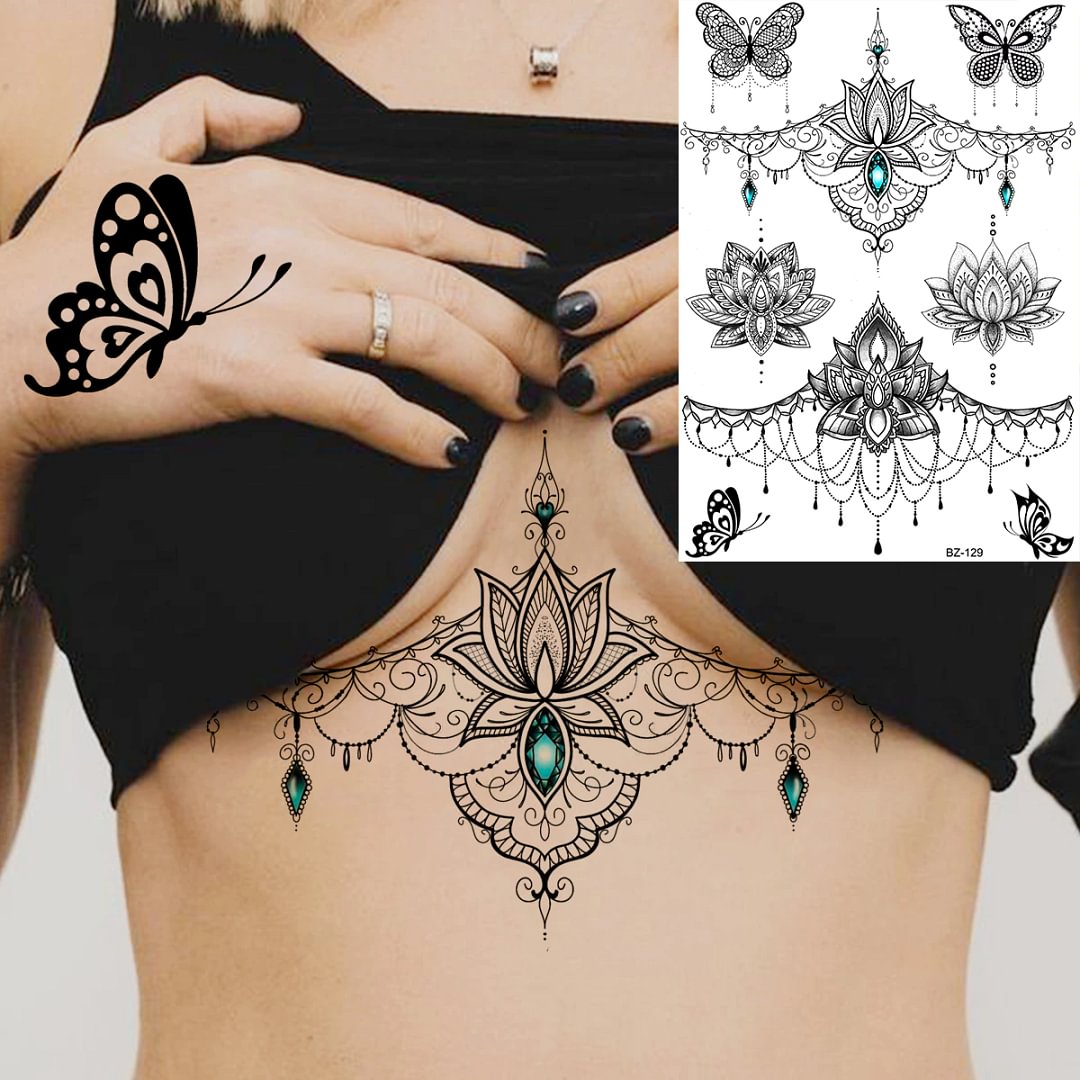 Sdrawing Henna Temporary Tattoos For Women Girls Feather Butterfly DreamCatcher Fake Gem Tattoo Sticker Chest Arm Tatoos Tribal