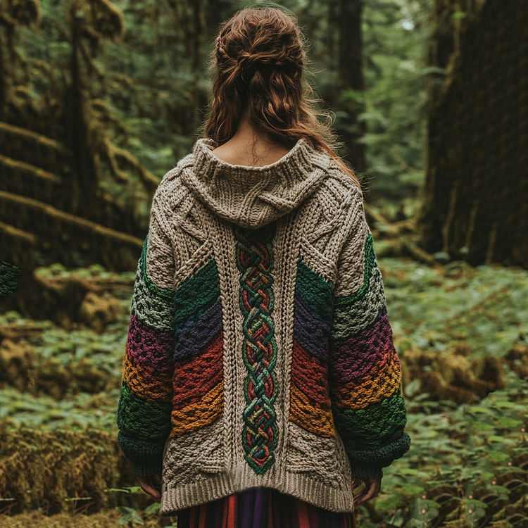 Women's Celtic Knot Retro Rainbow Chunky Knit Hooded Cardigan