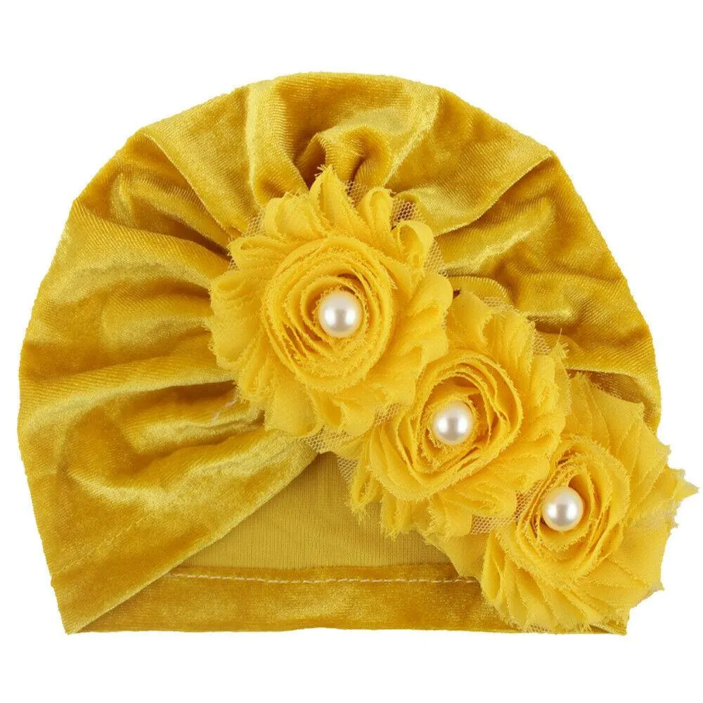 2019 Baby Accessories Newborn Infant Kids Baby Boy Girl Indian Turban Twist Knot Velvet Beanie Hat Pearl Flower Solid Soft Cap
