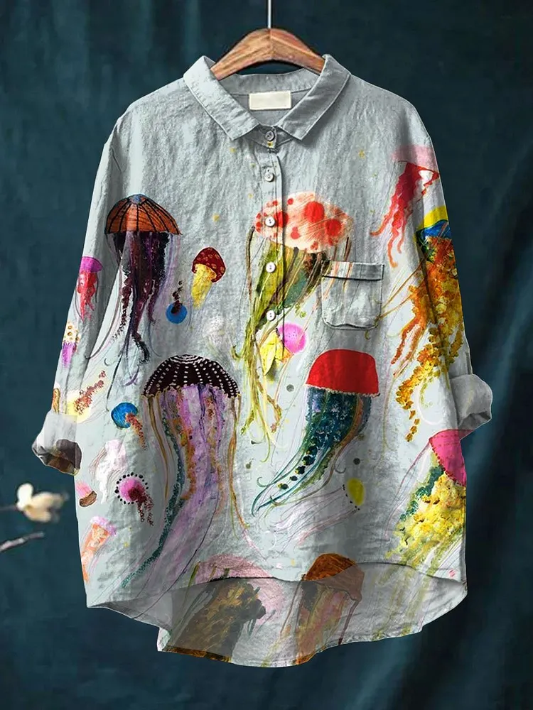 Womens Jellyfish Art Print Casual Cotton And Linen Shirt