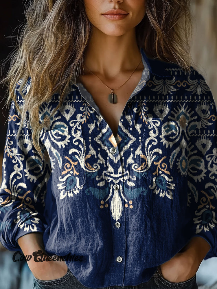 Women&rsquo;s Dark Blue Retro Diamond Pattern Art Print Casual Long Sleeve Comfortable Cotton Shirt