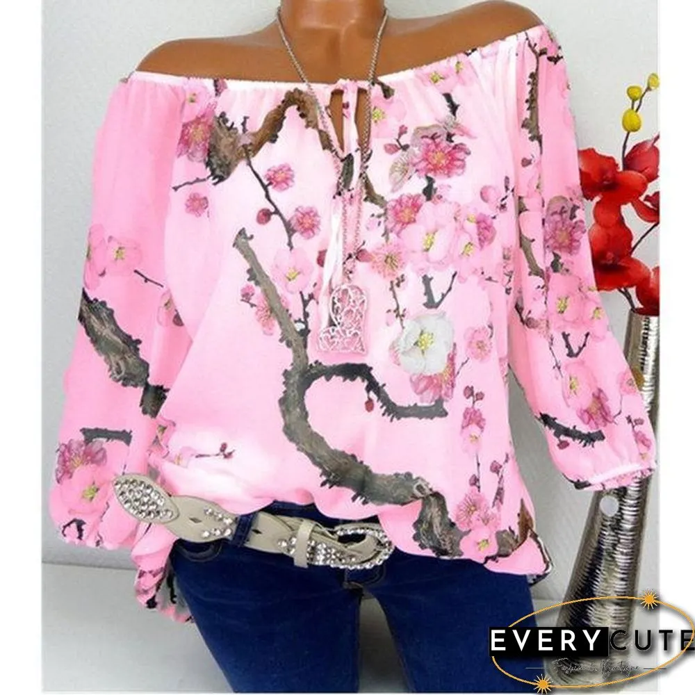 Floral Boat Neckline Long Sleeve Blouses