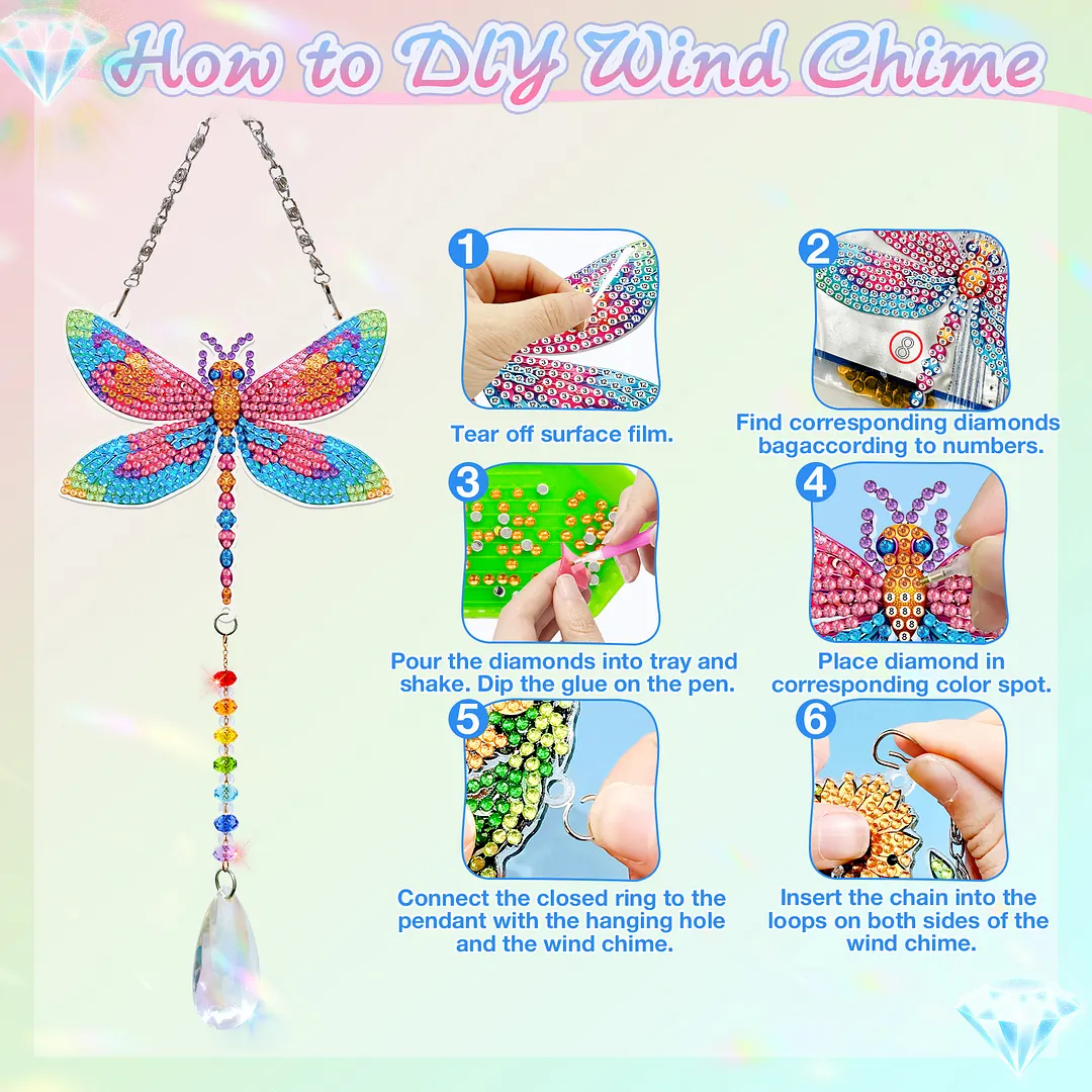 2Pcs Dragonfly DIY Acrylic Diamond Painting Art Wind Chimes with Crystal Pendant Diamond Art Hanging Pendant Double-Sided for Adults Beginners Gift Home Garden Decor
