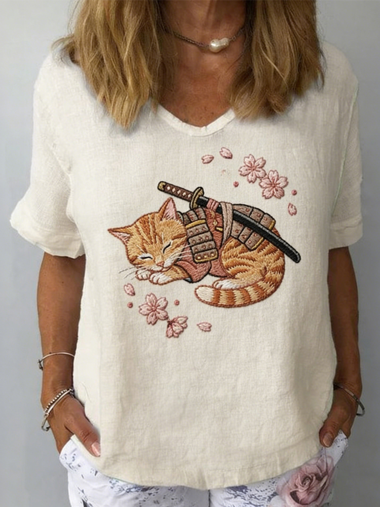 Cute Sleeping Samurai Cat Art Cozy Linen T Shirt elevenforest