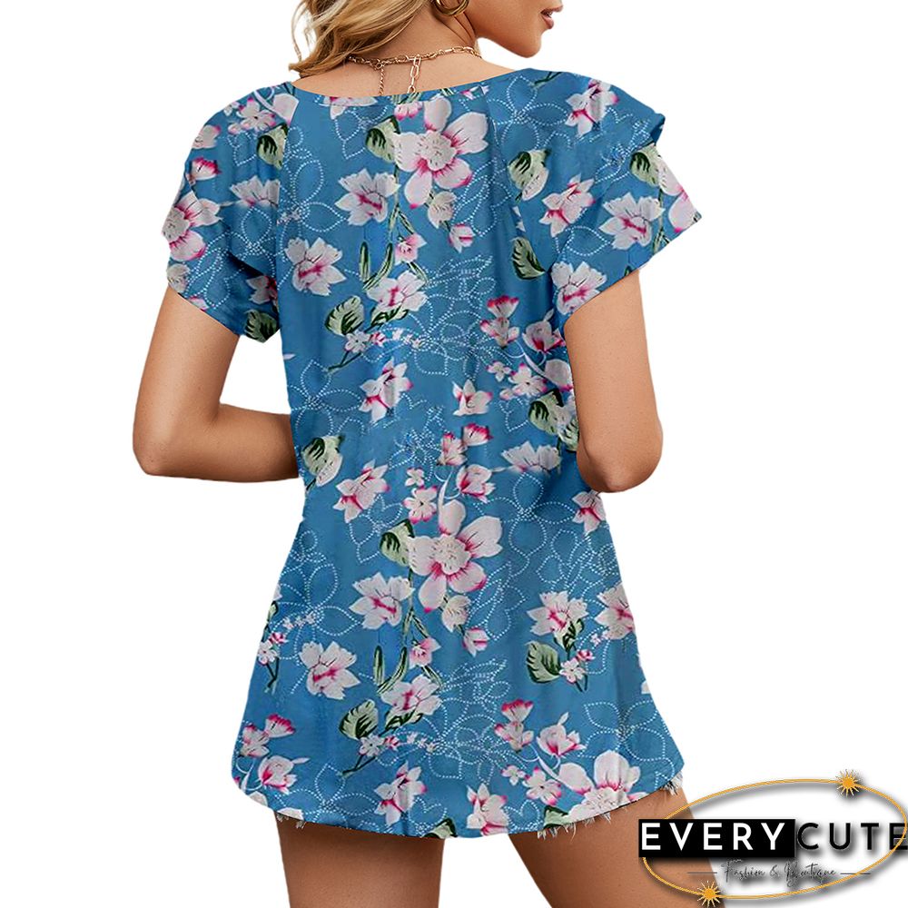 Light Blue Floral Print V Neck Ruffle Sleeve Tops