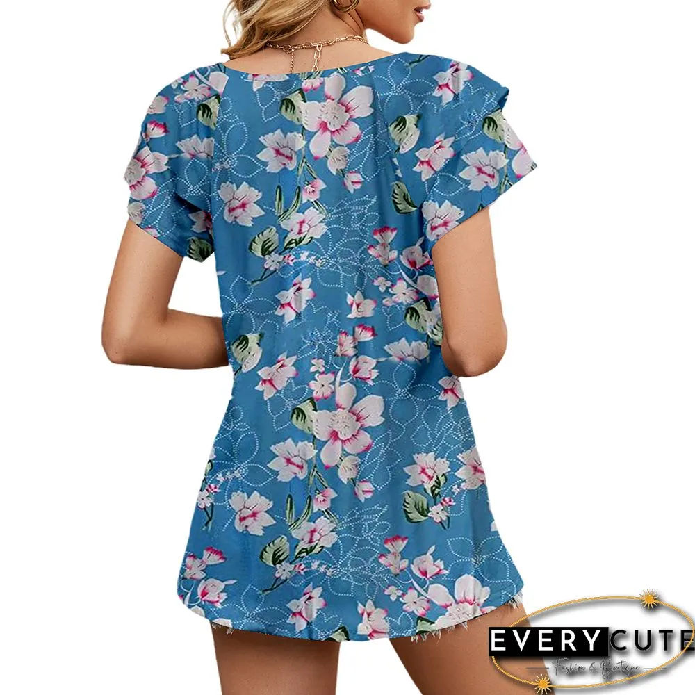 Light Blue Floral Print V Neck Ruffle Sleeve Tops