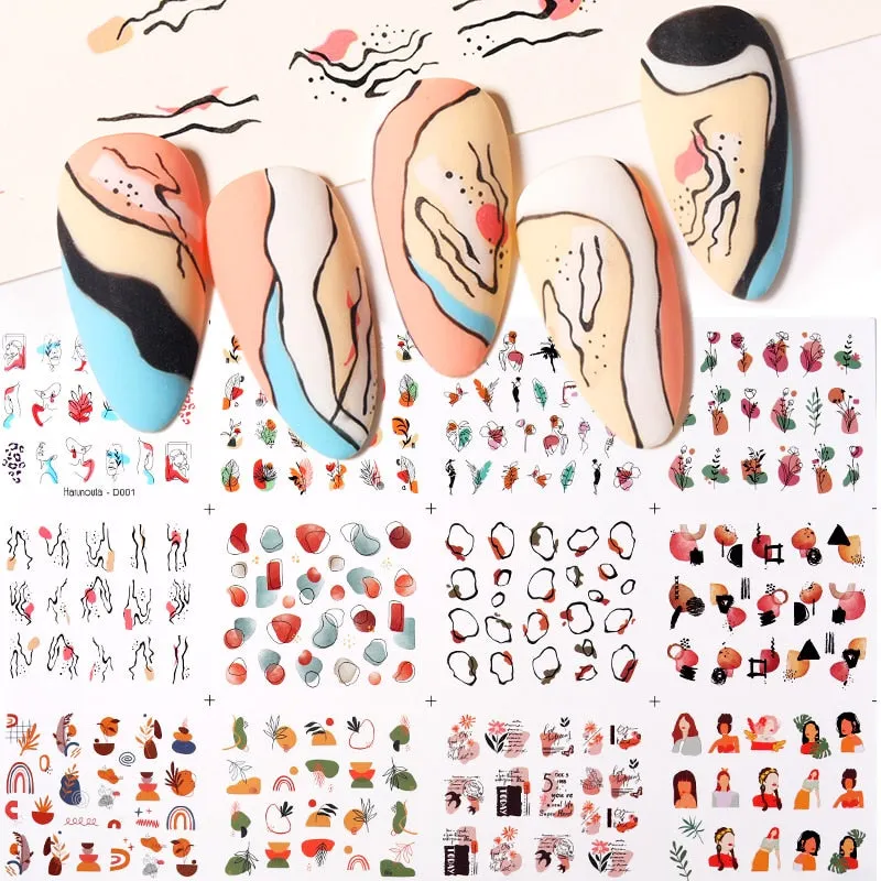 12Styles Harunouta Spring Summer Alphabet Flower Leaves Nail Water Decals Popular Geometric Lines Transfer Stickers Decoration
