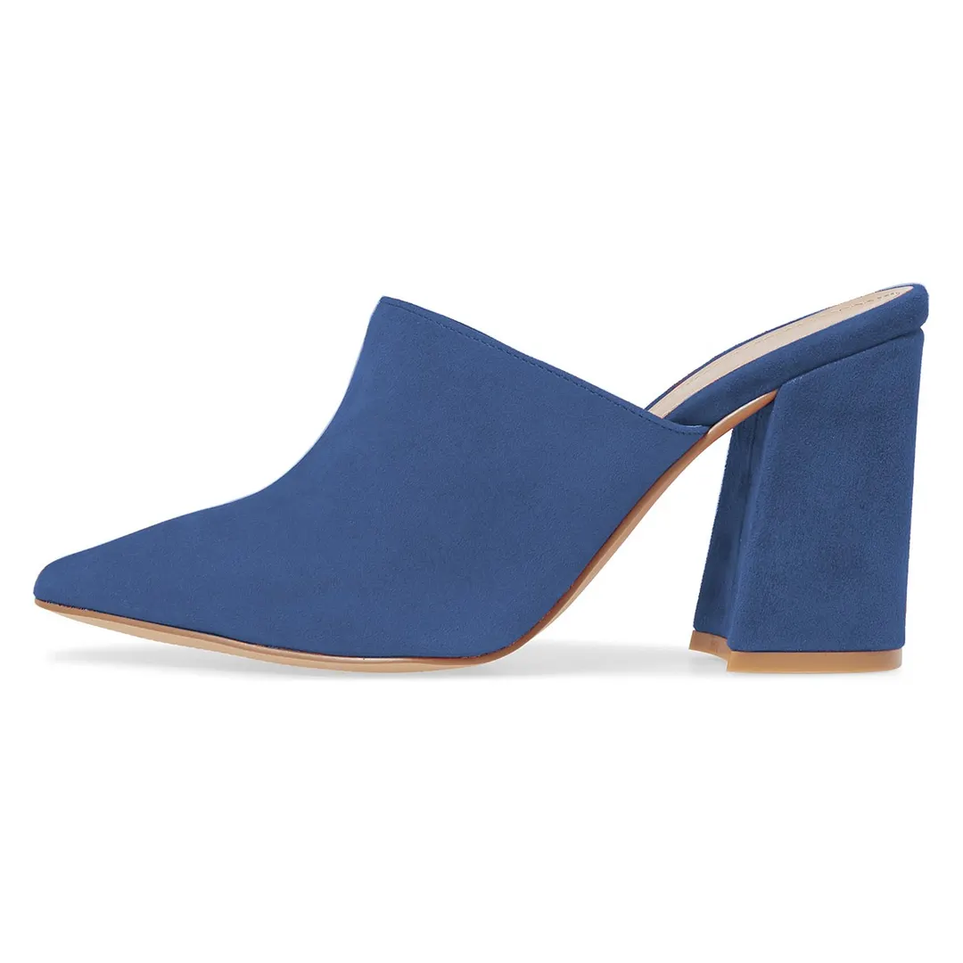 Elegant Navy Slip On Block Heel Vegan Suede Pointy Toe Mules