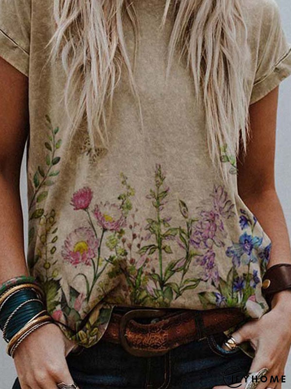 Crew Neck Floral-Print Cotton-Blend Short Sleeve T-shirt | IFYHOME
