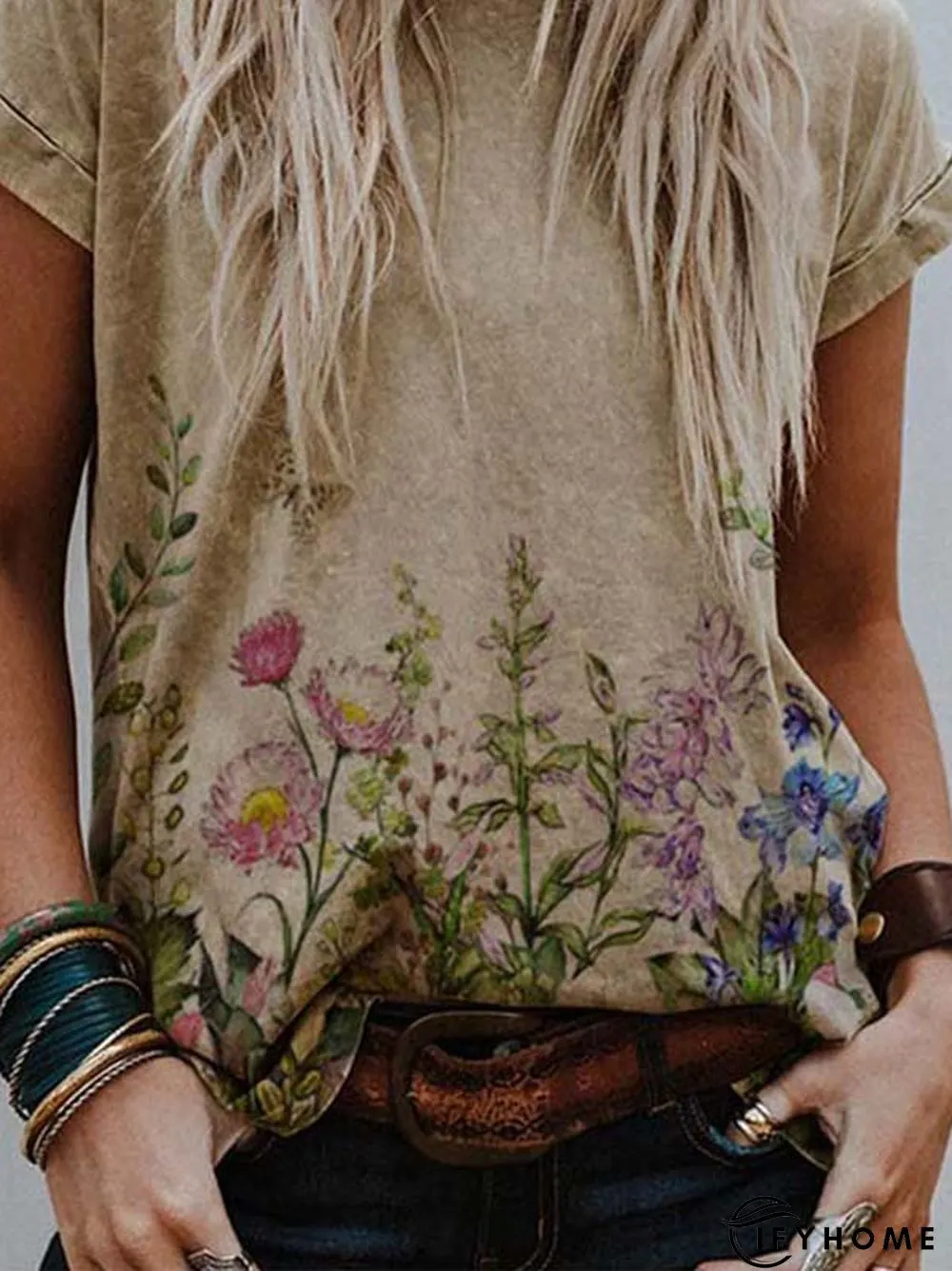 Crew Neck Floral-Print Cotton-Blend Short Sleeve T-shirt | IFYHOME