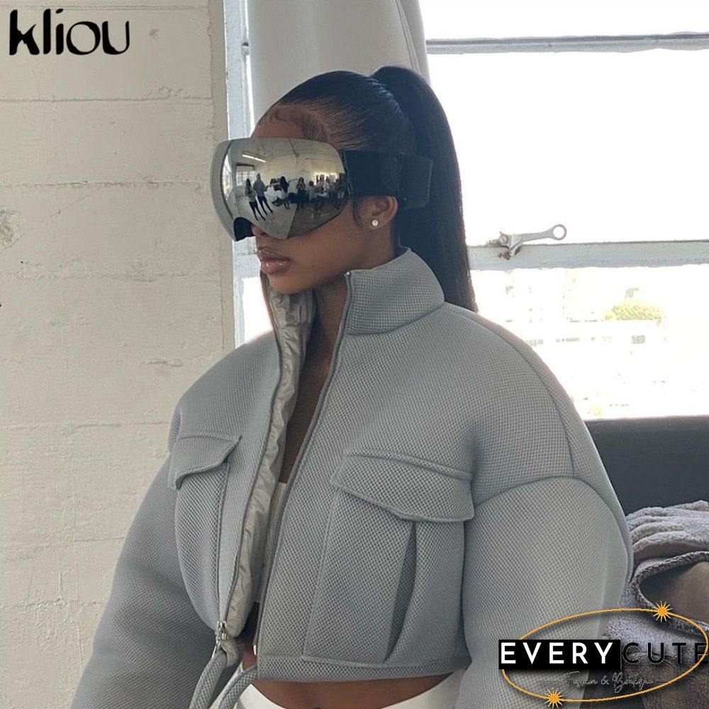 Kliou Mesh Plaid Autumn Spring Coat Women Trend Turtleneck Zipper Pocket Crop Jacket Solid Slim Drawstring Female Outerwear Hot