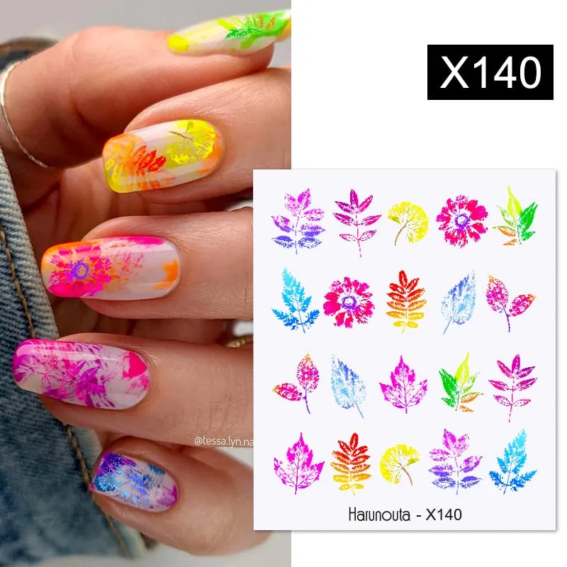 Harunouta Water Decals Ink Blooming Flower Leaves Transfer Nail Stickers Butterfly Love Heart Design Slider Watermark Decoration-Nail Inspo