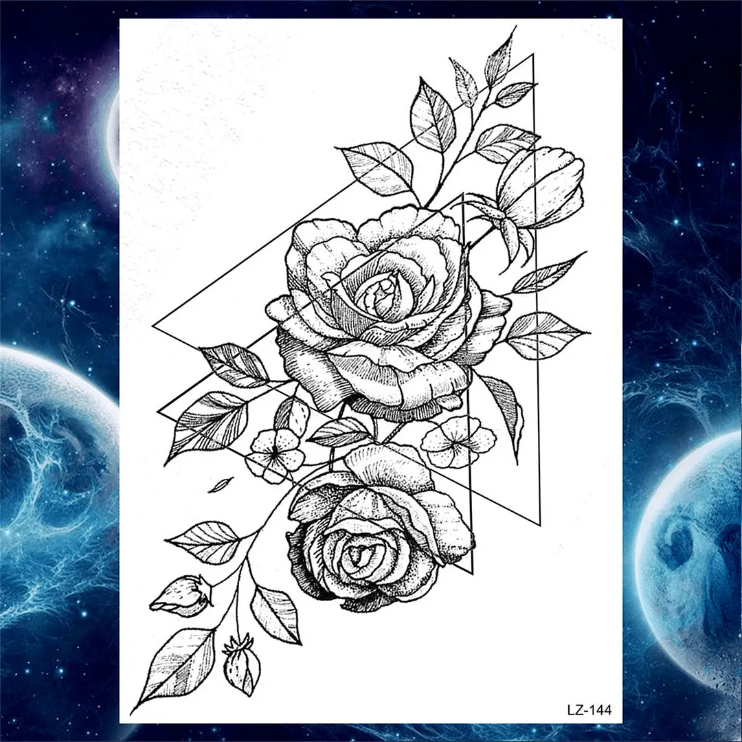 Flower Compass Temporary Tattoo For Women Girls Adult Rose Peony Tattoos Sticker Fake Black Floral Body Art Thigh Tatoos Paper
