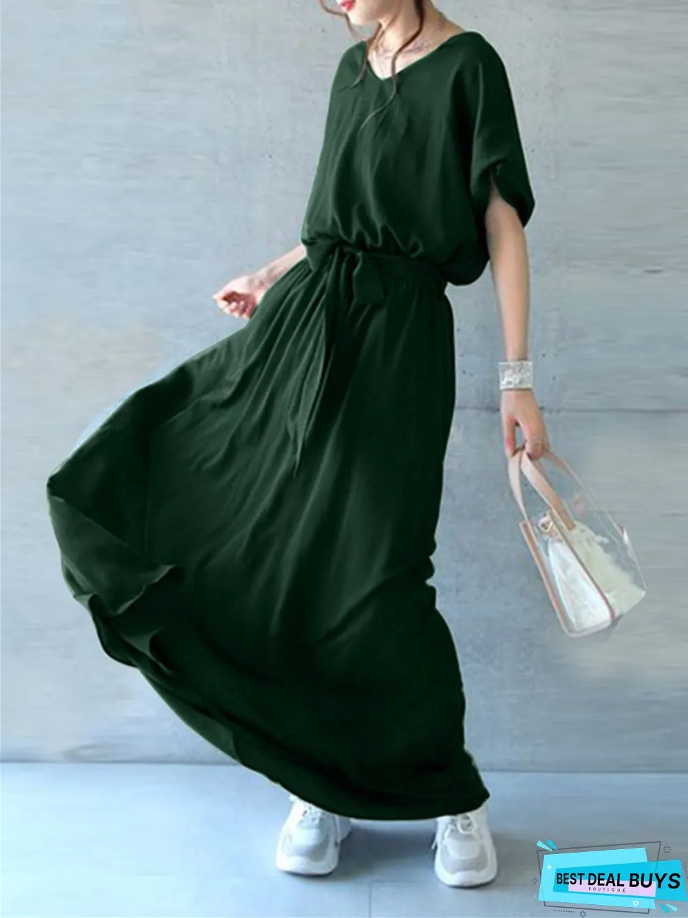 V-Neck Lace Up Waist Closed Short Sleeve Large Swing Loose Extra Long Floor Skirt Dress